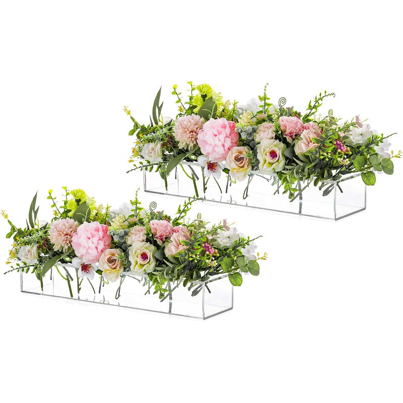 Hewory Rectangular Acrylic Vases for Centerpieces, 16 Inches Long Floral Vase with Holes for Flowers, Clear Rectangle Box Tray for Roses Modern Flower Arranger for Wedding Home Dining Table Decor, 2pcs - Image 1