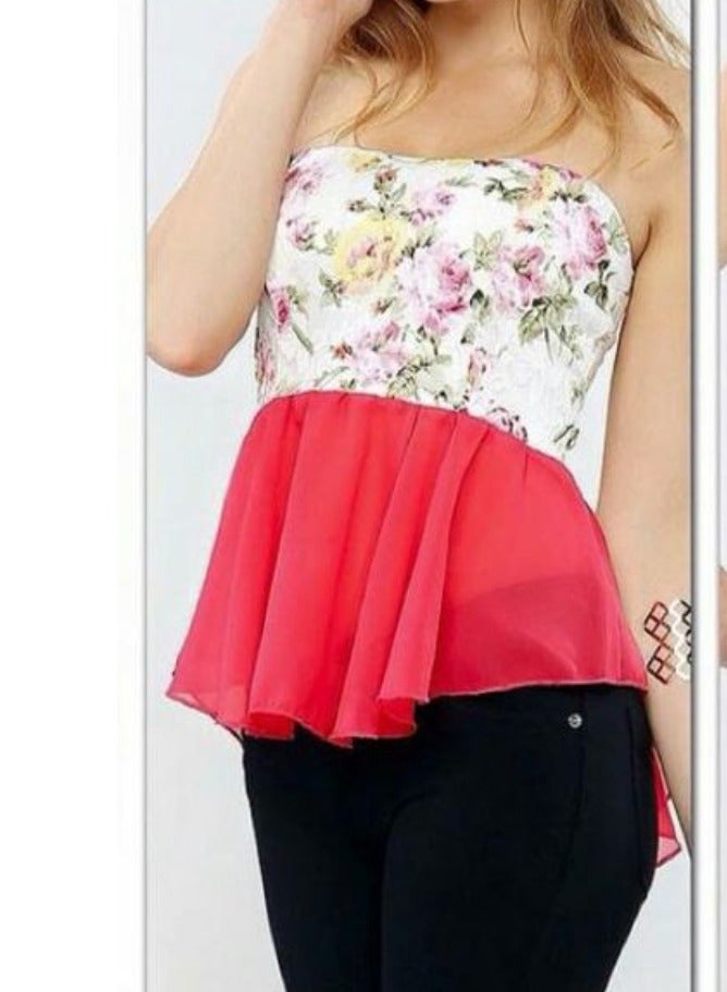Women strapless floral top with chiffon extension