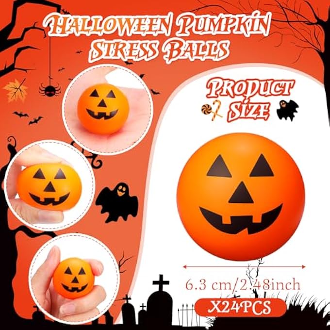 Jerify 24 Set Halloween Stress Balls Gift Bulk 2.48 Inch Large Pumpkin Foam Stress Ball with Cards and Organza Bags for Halloween Party Favor Gift Carnival Reward Prizes - Image 3