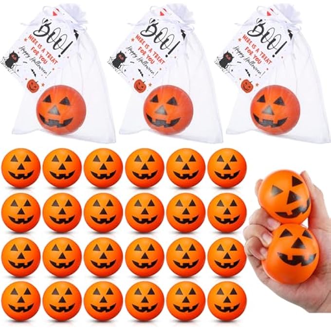 Jerify 24 Set Halloween Stress Balls Gift Bulk 2.48 Inch Large Pumpkin Foam Stress Ball with Cards and Organza Bags for Halloween Party Favor Gift Carnival Reward Prizes - Image 1