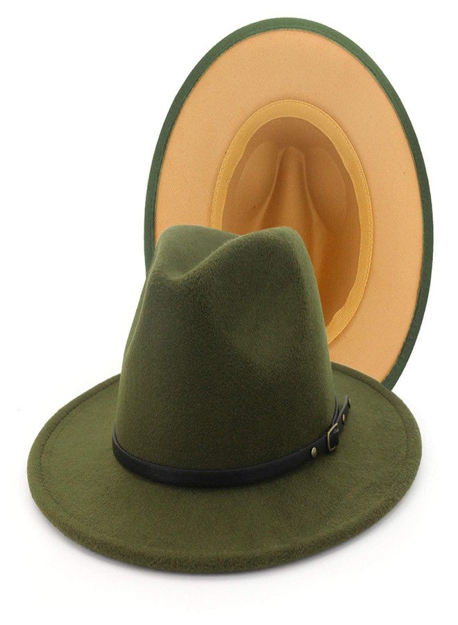 Gossifan Womens Wide Brim Panama Hat Patchwork Colors Classic Buckle Fedora, Olive Green/Camel, One Size-Medium - Image 1
