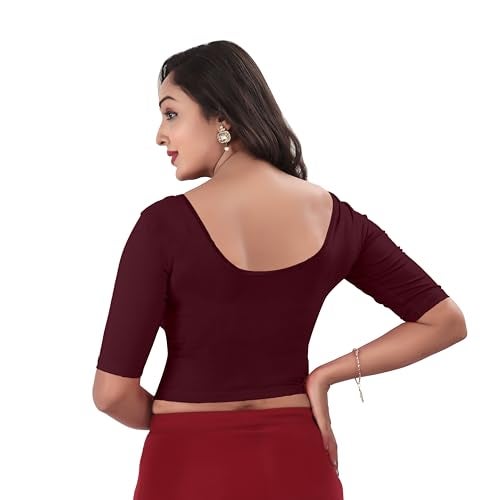 DESI GIRL - Round Neck Cotton Lycra Regular Fit Saree Blouse for Women | Bracelet - 3/4 Sleeve Readymade Stretchy Embroidered Design Festive Blouse Perfect for Saree, Lehenga, Kurti | Maroon - 44 - Image 3