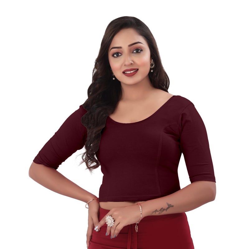 DESI GIRL - Round Neck Cotton Lycra Regular Fit Saree Blouse for Women | Bracelet - 3/4 Sleeve Readymade Stretchy Embroidered Design Festive Blouse Perfect for Saree, Lehenga, Kurti | Maroon - 44 - Image 5
