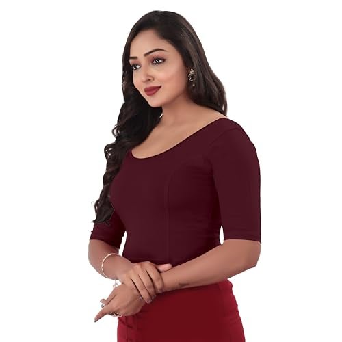 DESI GIRL - Round Neck Cotton Lycra Regular Fit Saree Blouse for Women | Bracelet - 3/4 Sleeve Readymade Stretchy Embroidered Design Festive Blouse Perfect for Saree, Lehenga, Kurti | Maroon - 44 - Image 2