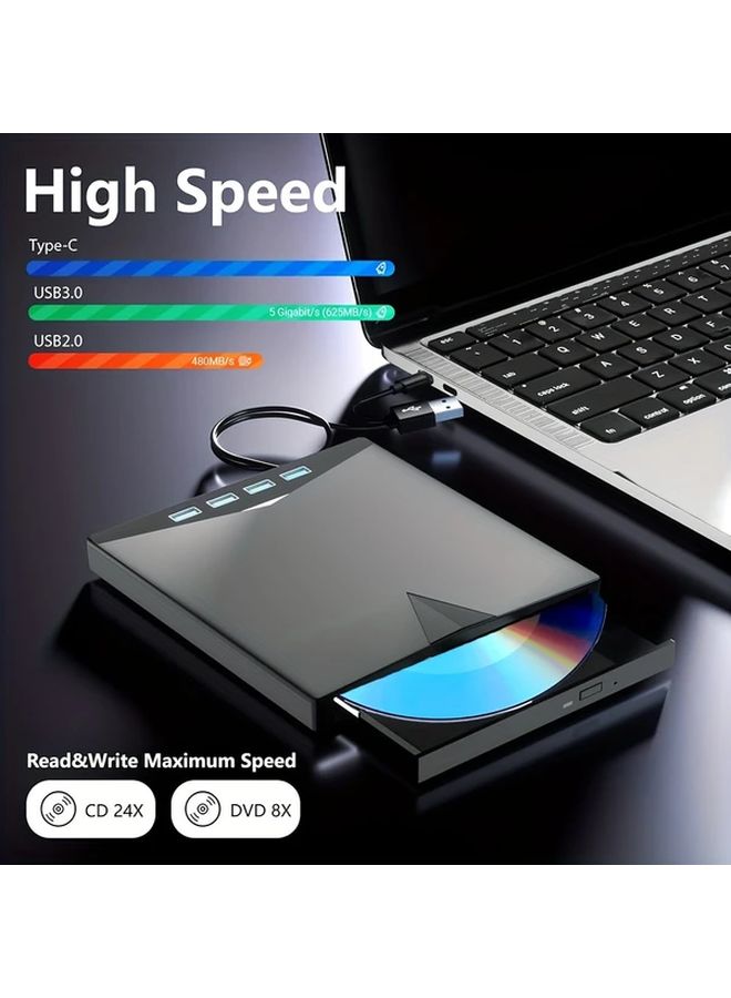 Black External CD DVD Drive USB 3 0 Type C 7 in 1 with 4 USB A Ports TF SD Card Slots Plug Play for Laptop Desktop - Image 4