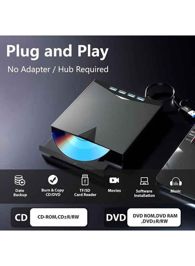 Black External CD DVD Drive USB 3 0 Type C 7 in 1 with 4 USB A Ports TF SD Card Slots Plug Play for Laptop Desktop - Image 5