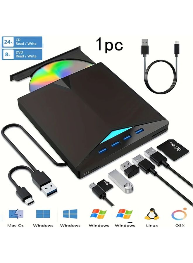 Black External CD DVD Drive USB 3 0 Type C 7 in 1 with 4 USB A Ports TF SD Card Slots Plug Play for Laptop Desktop - Image 1