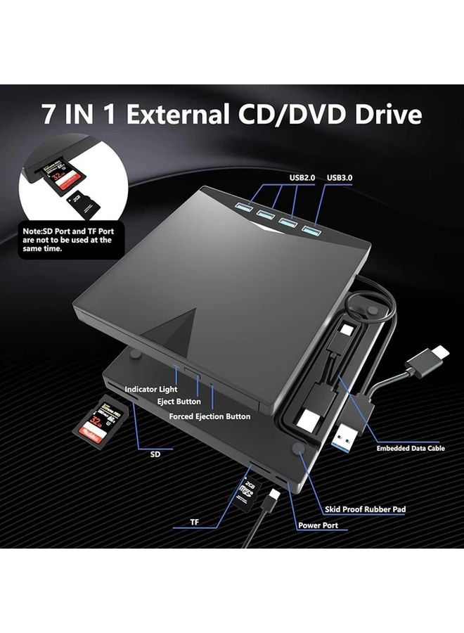 Black External CD DVD Drive USB 3 0 Type C 7 in 1 with 4 USB A Ports TF SD Card Slots Plug Play for Laptop Desktop - Image 3