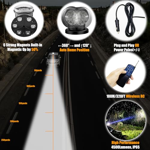 OEOVON Remote LED Spot Lights for Trucks, Auto-Reset 360 Rotating Marine Spotlight for Boat, Magnetic Go Outdoor Search Light for Truck (Black) - Image 4