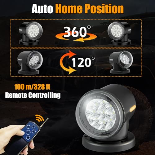 OEOVON Remote LED Spot Lights for Trucks, Auto-Reset 360 Rotating Marine Spotlight for Boat, Magnetic Go Outdoor Search Light for Truck (Black) - Image 5