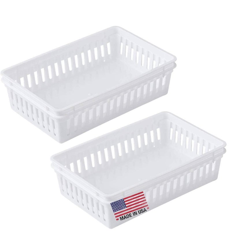 Tribello Plastic Bin Baskets for Organizing, White Storage Tray, Rectangle 9 x 6 x 2 - Pack of 4 - Made in USA