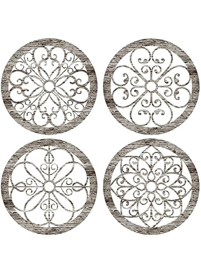 KBKBART 4 Pcs Thicken Rustic Wall Decor Farmhouse Kitchen Wall Round Art Wooden Hollow Carved Design Rustic Art for Living Room Bedroom Hallway Decor(9.8 x 9.8 Inch,grey wood tone) - Image 1