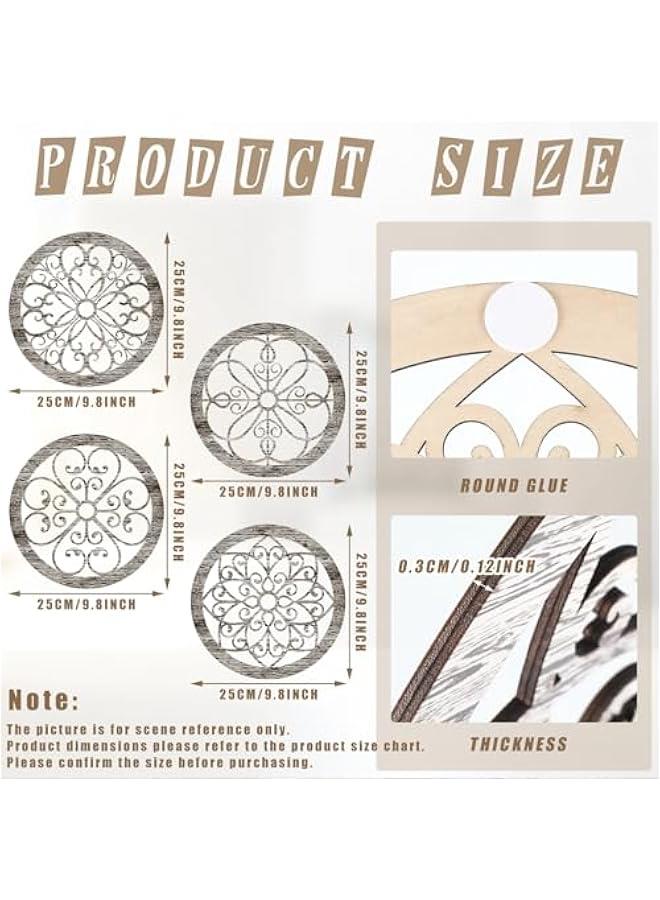 KBKBART 4 Pcs Thicken Rustic Wall Decor Farmhouse Kitchen Wall Round Art Wooden Hollow Carved Design Rustic Art for Living Room Bedroom Hallway Decor(9.8 x 9.8 Inch,grey wood tone) - Image 2