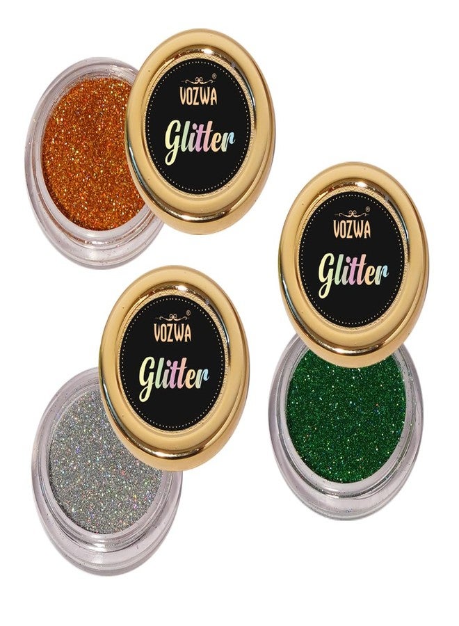 Vozwa Holographic Eyeshadow Glitter Long Lasting (Golden + Silver + Green) - Image 1