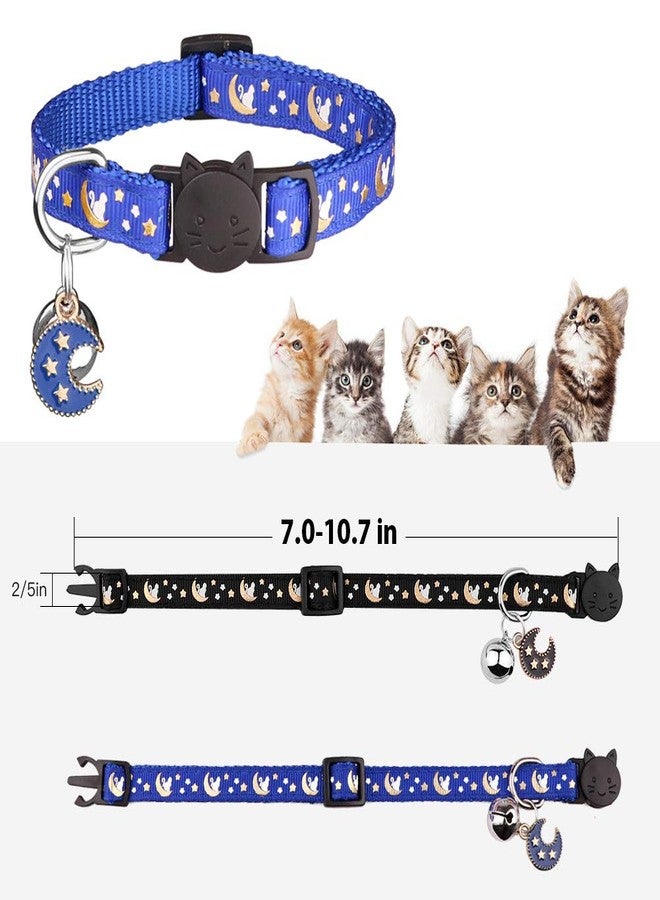 Baeuppit 2Pcs Breakaway Cats Collars Cat Collars for Boy Cats Moons Adjustable Kitten Collars with Bell & Pendant Glow in The Dark,Black+Blue - Image 3