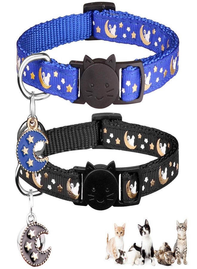 Baeuppit 2Pcs Breakaway Cats Collars Cat Collars for Boy Cats Moons Adjustable Kitten Collars with Bell & Pendant Glow in The Dark,Black+Blue - Image 1