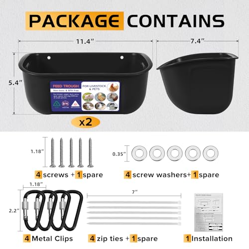 Goovilla Chicken Feeder Waterer, Hanging or Screw-in Fence Feeders with Clips, 2 Pack 5 Quart Goat Feeding Supplies, Duck Piglet Sheeple Coop Dog Livestock Poultry Plastic Feeder Trough Bucket, Black - Image 4