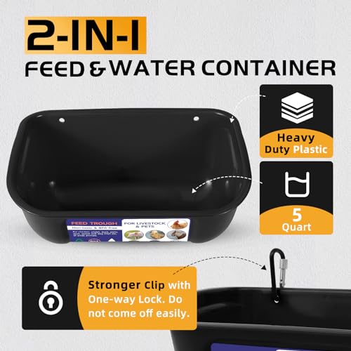 Goovilla Chicken Feeder Waterer, Hanging or Screw-in Fence Feeders with Clips, 2 Pack 5 Quart Goat Feeding Supplies, Duck Piglet Sheeple Coop Dog Livestock Poultry Plastic Feeder Trough Bucket, Black - Image 2