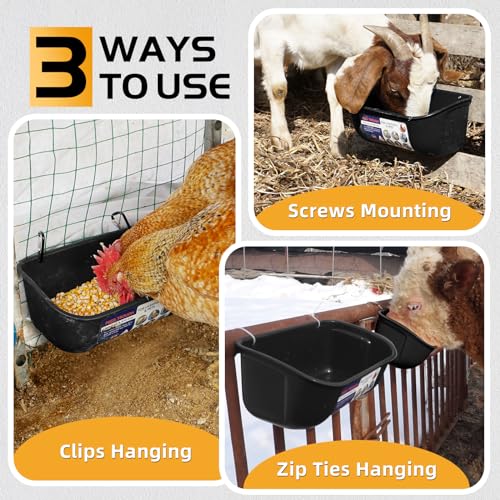 Goovilla Chicken Feeder Waterer, Hanging or Screw-in Fence Feeders with Clips, 2 Pack 5 Quart Goat Feeding Supplies, Duck Piglet Sheeple Coop Dog Livestock Poultry Plastic Feeder Trough Bucket, Black - Image 3