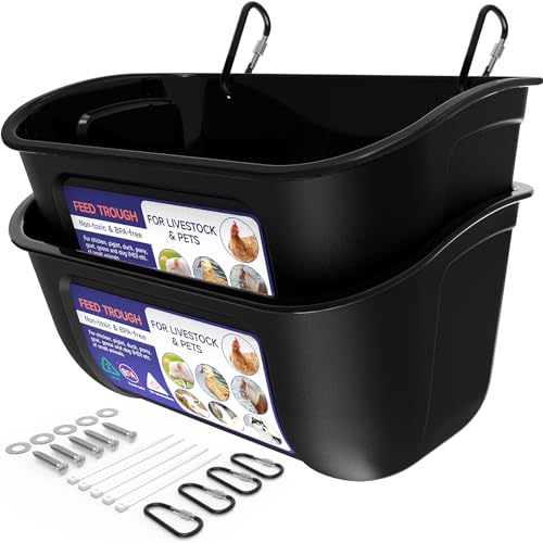 Goovilla Chicken Feeder Waterer, Hanging or Screw-in Fence Feeders with Clips, 2 Pack 5 Quart Goat Feeding Supplies, Duck Piglet Sheeple Coop Dog Livestock Poultry Plastic Feeder Trough Bucket, Black - Image 1