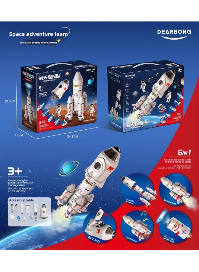 Space Expedition Team Acousto-optic Spray Assembled Aviation Model Simulation Launch Star Projection Educational Rocket Toy-Color:5-in -1 Space Expedition [Portable Gift Box] Contains 2 Astronauts/Spray/Light/Sound/Projection  - Image 1