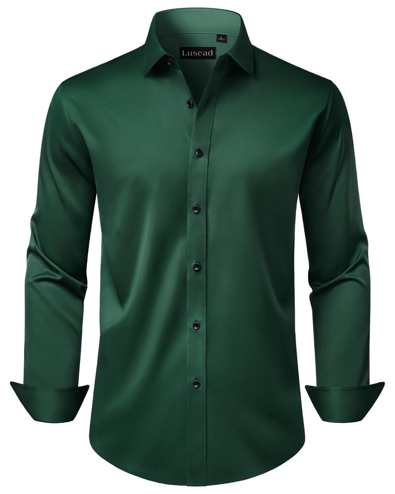 Lusead Mens Dress Shirts Green Long Sleeve Wrinkle Free Work Party Gathering Stretch Button Down Shirt Tuxedo - Image 1