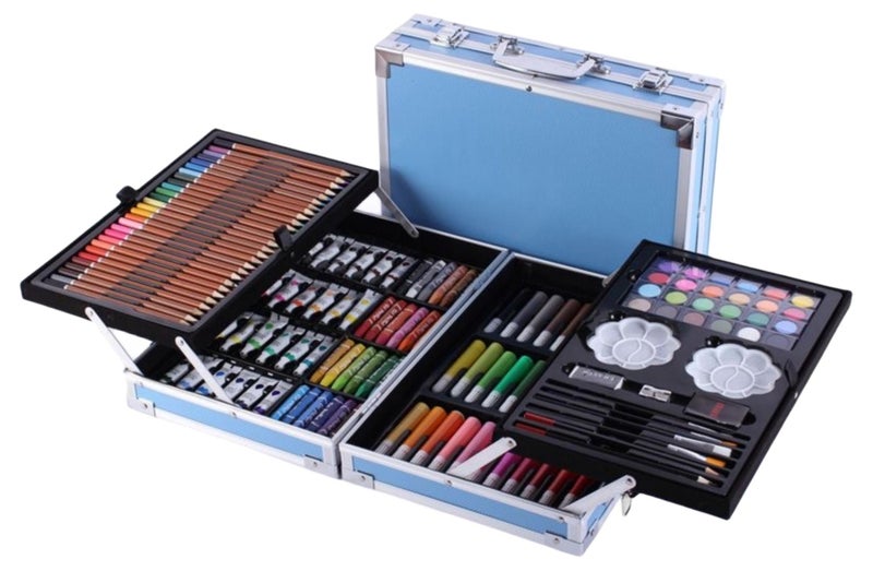نوفولان مجموعة أقلام الرسم بالألوان المائية للأطفال، صندوق ألومنيوم، مجموعة فرش مزدوجة الطبقات، تتضمن 28 قلم رصاص ملون، 24 لون مائي، 24 لون باستيل زيتي، 33 قلم ألوان مائية، إلخ (صندوق أزرق) - Image 1
