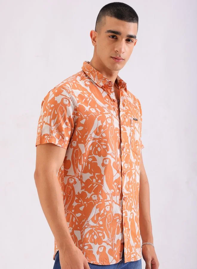 The Indian Garage Co Men Slim Fit Tropical Half Sleeves Spread Collar Resort Wear Shirt