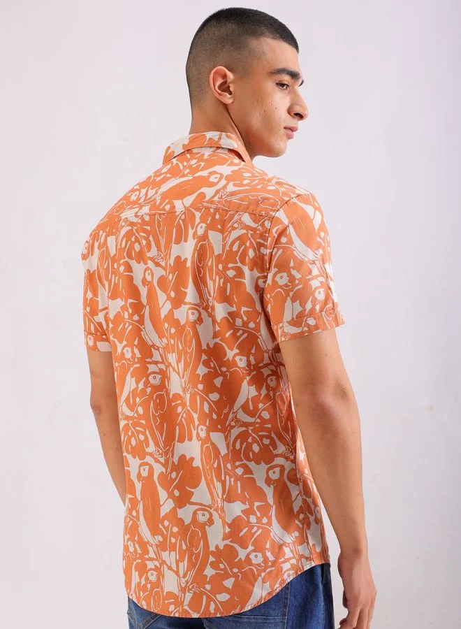 The Indian Garage Co Men Slim Fit Tropical Half Sleeves Spread Collar Resort Wear Shirt