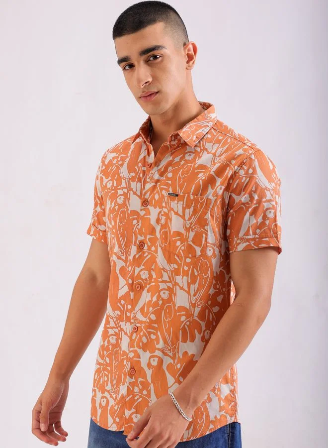 The Indian Garage Co Men Slim Fit Tropical Half Sleeves Spread Collar Resort Wear Shirt
