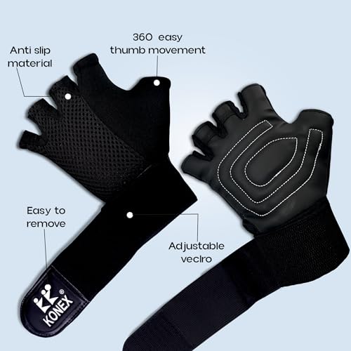 KONEX Gym Gloves for Men & Women | Soft Padded Anti-Slip Workout Gloves with Adjustable Velcro | Ideal for Weightlifting, Fitness Training, Cycling, Bike Riding & Sports Activities (Black, Large) - Image 3