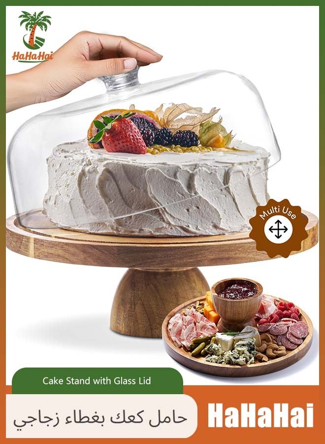 هاهاهاي حامل كعك خشبي مع غطاء - حامل كعك دائري مقاس 12 بوصة، طقم عرض حلويات 2 في 1 وطاولة تقديم أطباق اللحوم الباردة للجبن والرقائق والصلصات والناتشوز وطبق الفاكهة، غطاء أكريليك كبير على شكل قبة للكعك - Image 1