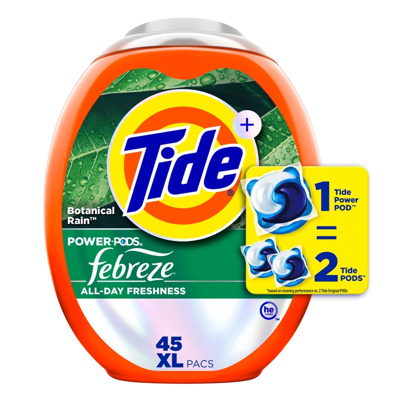 Tide Power Pods Laundry Detergent Pacs with Febreze Freshness with Odor Eliminators, Botanical Rain Scent, 45 Count - Image 1