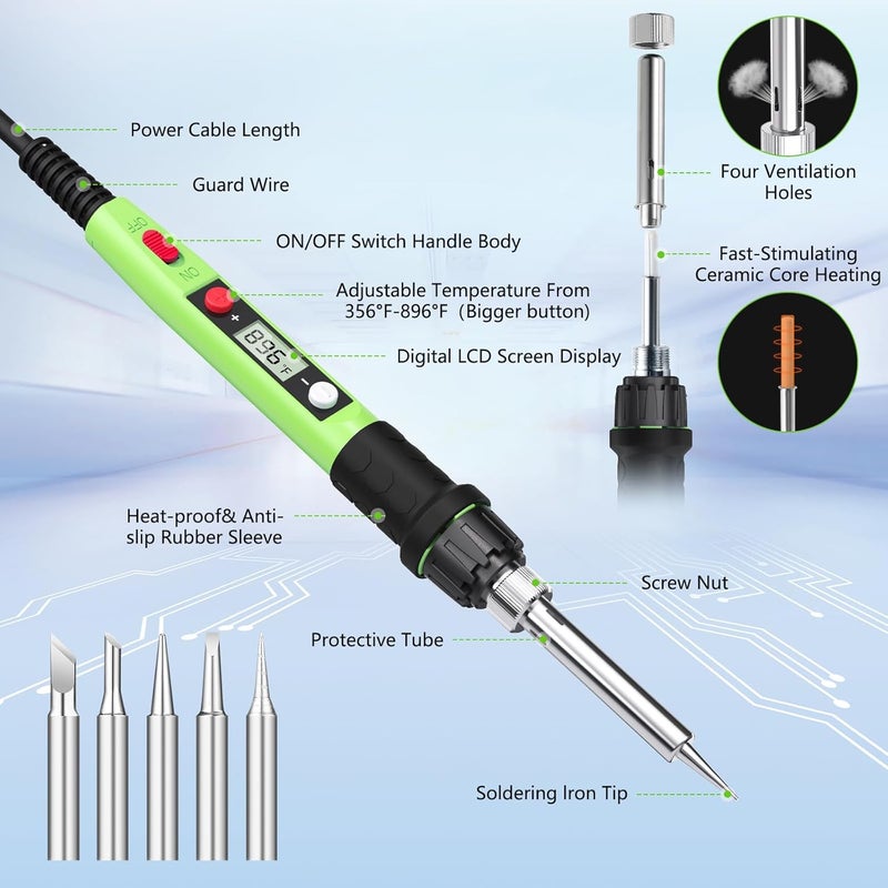 Q-MING Soldering Iron Kit, 80W 110V LCD Digital Solder Iron Pen with Ceramic Heater, Portable Welding Tools with 5pcs Tips, Stand, Solders Wire, Sponge, Paste, for Metal,Electric Repairs, DIY, Green - Image 2