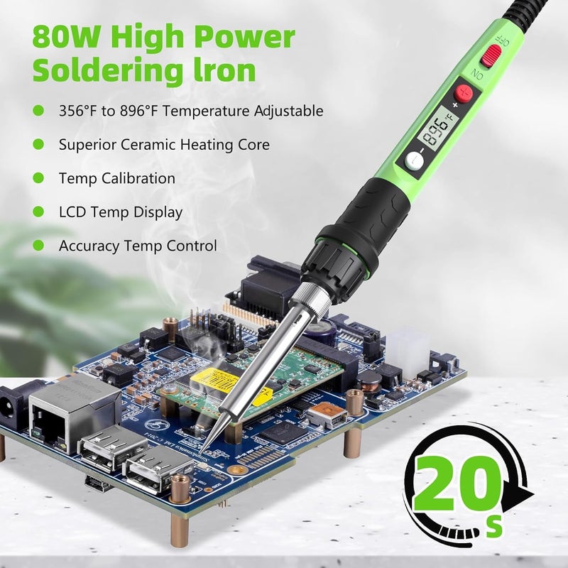Q-MING Soldering Iron Kit, 80W 110V LCD Digital Solder Iron Pen with Ceramic Heater, Portable Welding Tools with 5pcs Tips, Stand, Solders Wire, Sponge, Paste, for Metal,Electric Repairs, DIY, Green - Image 3