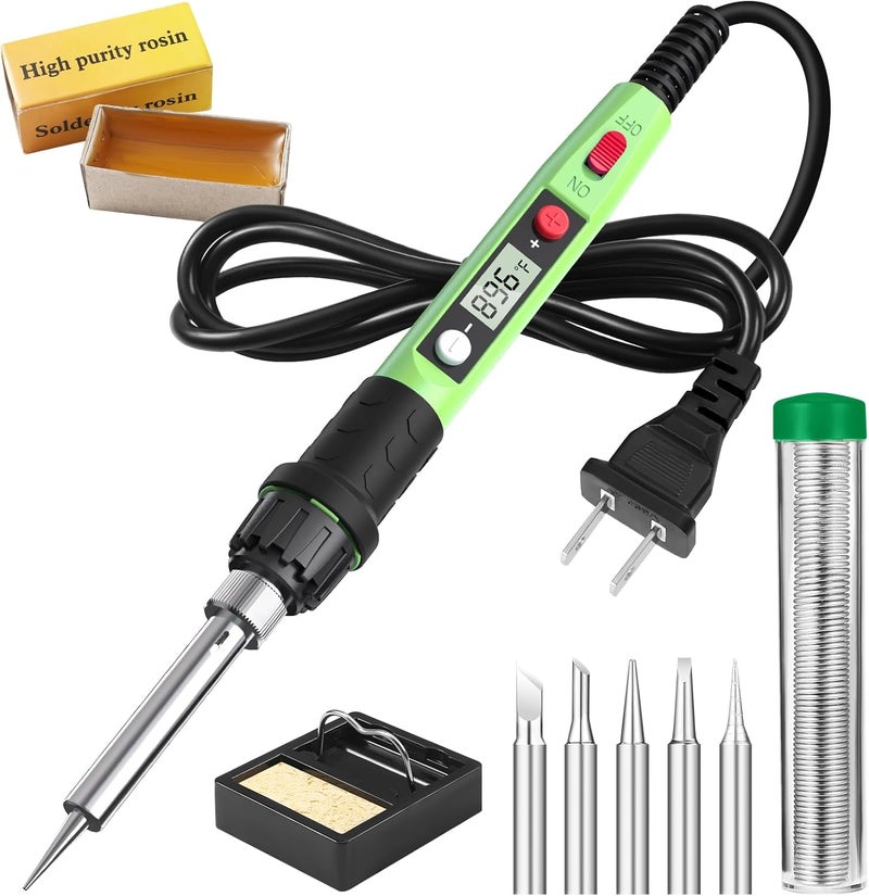 Q-MING Soldering Iron Kit, 80W 110V LCD Digital Solder Iron Pen with Ceramic Heater, Portable Welding Tools with 5pcs Tips, Stand, Solders Wire, Sponge, Paste, for Metal,Electric Repairs, DIY, Green - Image 1