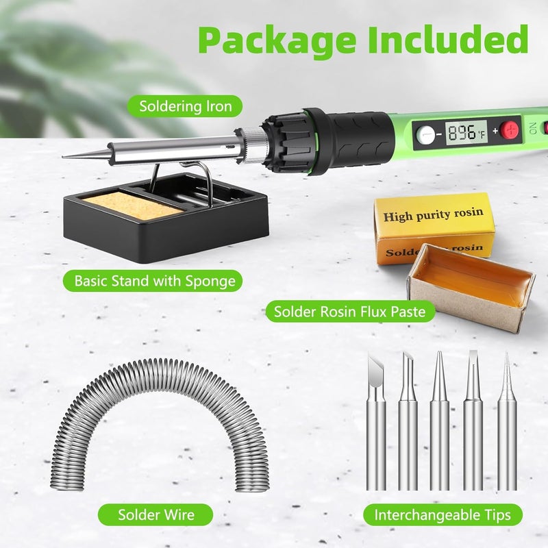 Q-MING Soldering Iron Kit, 80W 110V LCD Digital Solder Iron Pen with Ceramic Heater, Portable Welding Tools with 5pcs Tips, Stand, Solders Wire, Sponge, Paste, for Metal,Electric Repairs, DIY, Green - Image 5