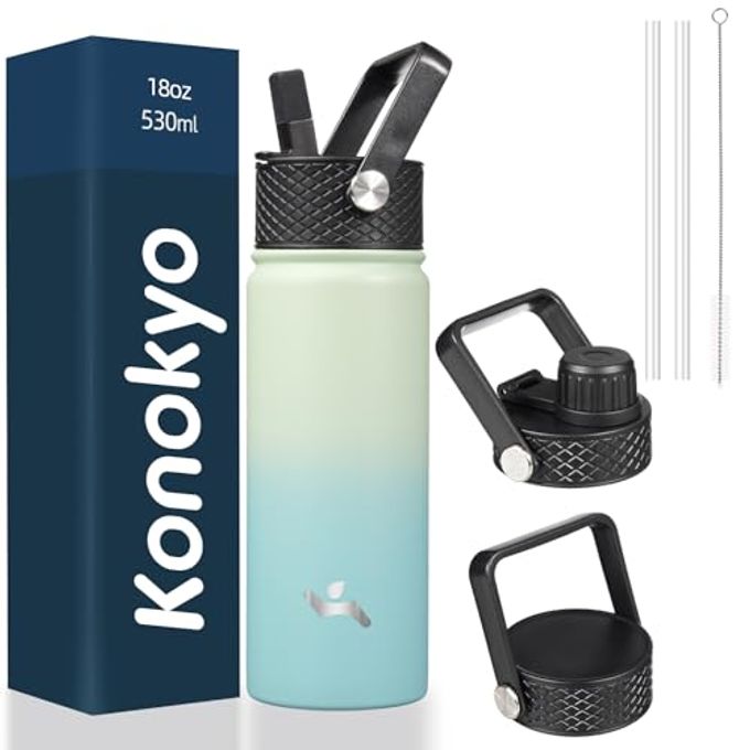 Konokyo 18 oz Insulated Water Bottle Stainless Steel Sport Bottles with 3 Lids,Mint