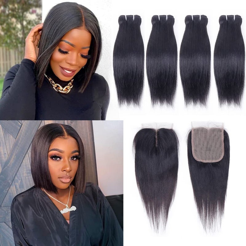 Brazilian Straight Hair Bundles with Closure10 10 10 1010 Straight Human 4 Bundles with Closure 50gpc 10A Unprocessed Straight Short Bob Virgin Hair Bundles with 4x4x1 Lace Closure