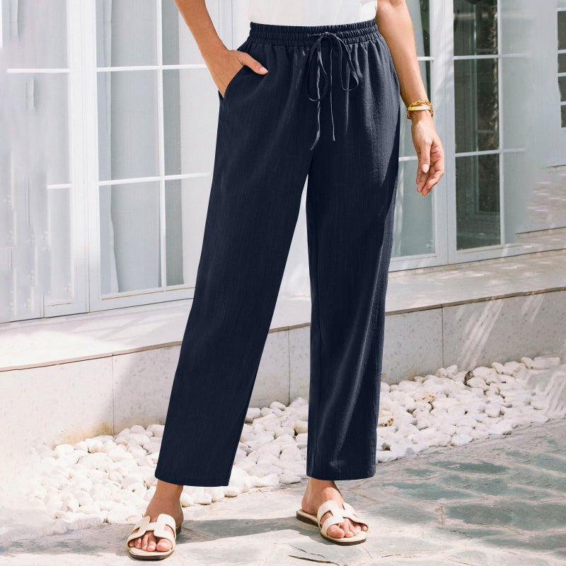 بنطلون نسائي عالي الخصر بقصة واسعة من قماش قطني وكتاني مع جيوب - Image 4