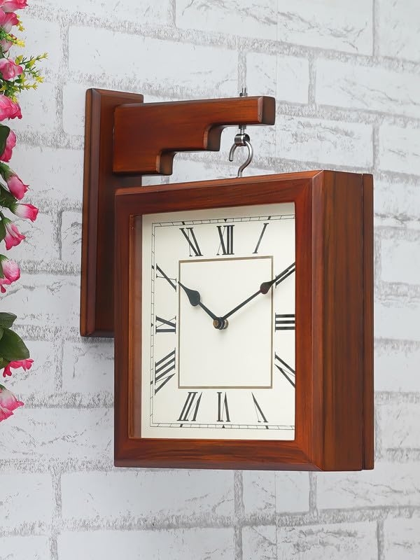 CHRONIKLE Stylish Wooden Double Sided Square English and Roman Numbers Analog Station Wall Clock for Living Room Home Decor Office Gifts (Size: 32 x 9 x 41 CM | Weight: 2650 Gram | Color: Brown) - Image 1
