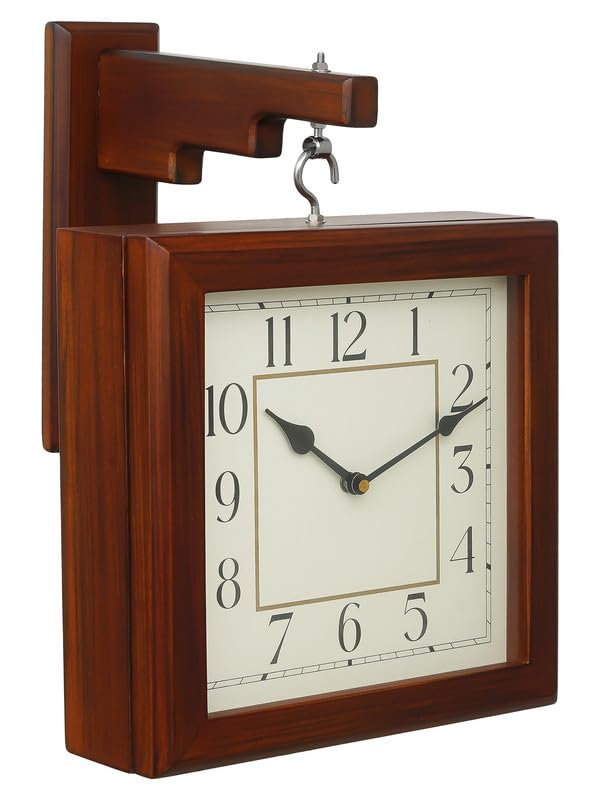 CHRONIKLE Stylish Wooden Double Sided Square English and Roman Numbers Analog Station Wall Clock for Living Room Home Decor Office Gifts (Size: 32 x 9 x 41 CM | Weight: 2650 Gram | Color: Brown) - Image 4