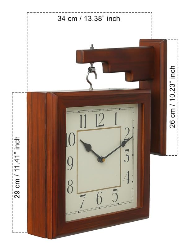 CHRONIKLE Stylish Wooden Double Sided Square English and Roman Numbers Analog Station Wall Clock for Living Room Home Decor Office Gifts (Size: 32 x 9 x 41 CM | Weight: 2650 Gram | Color: Brown) - Image 2
