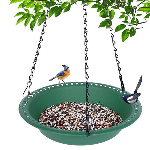 Grjoprt Hanging Bird Feeder Tray with Drainage Holes for Outside, Rugged Recycled Plastic Wild Bird Feeding Station (10 inch, Green) - Image 1