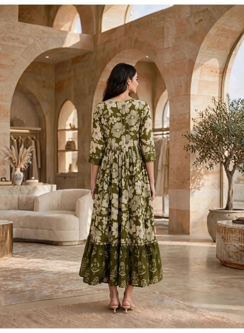 IKKXA Vintage Floral Flared Midi Jalabiya IK34Green - Image 5