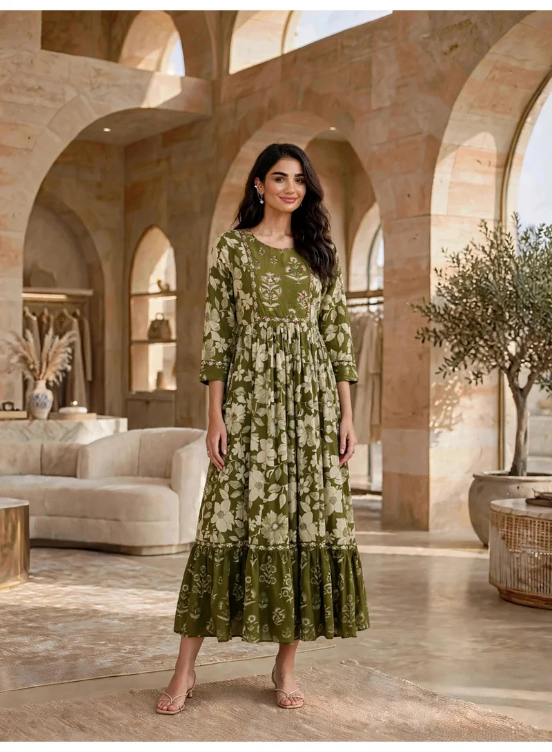 اكسا جلابية ميدي بنقوش الورد وتطريز صدر IK34Green