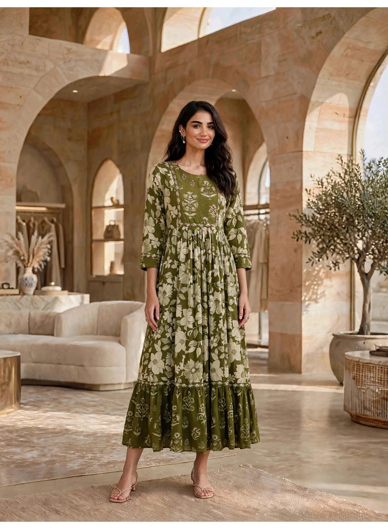 IKKXA Vintage Floral Flared Midi Jalabiya IK34Green - Image 1