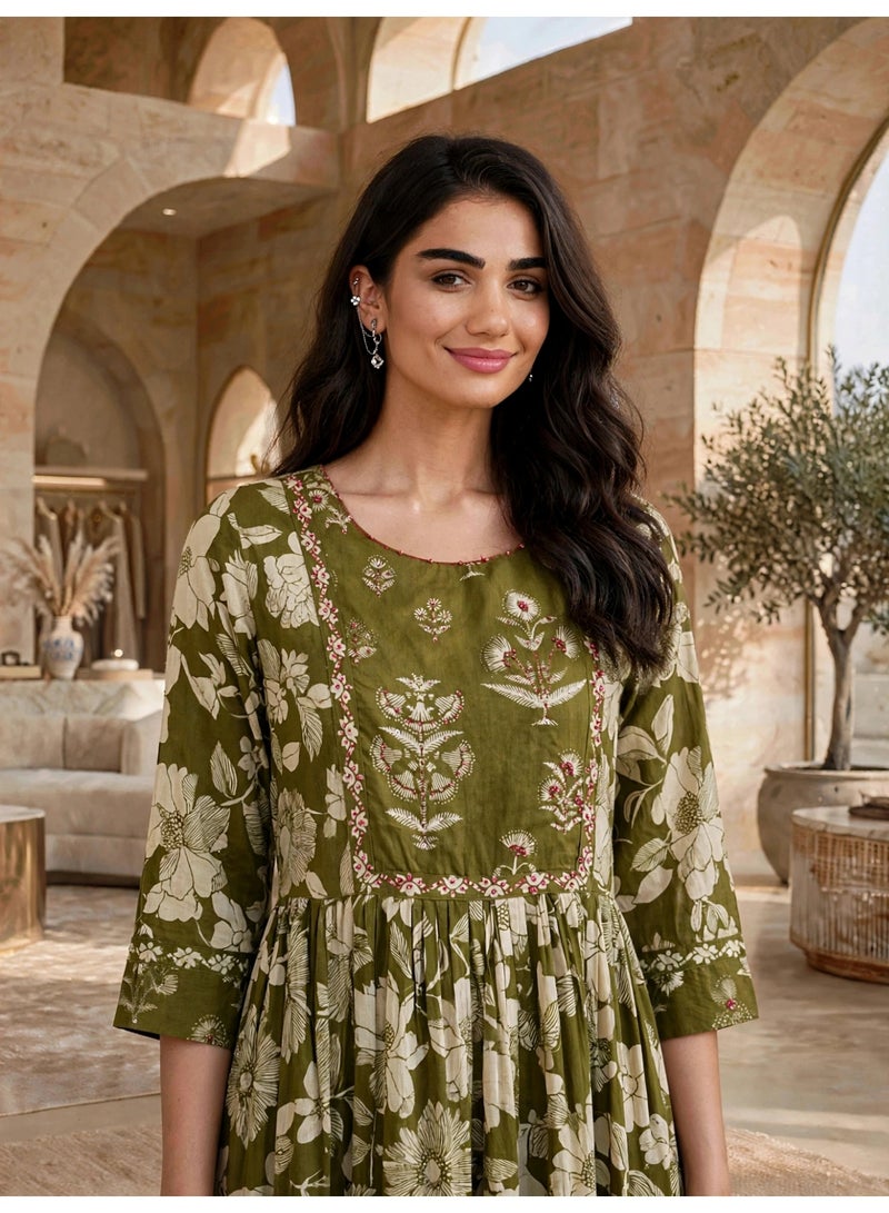 IKKXA Vintage Floral Flared Midi Jalabiya IK34Green - Image 2