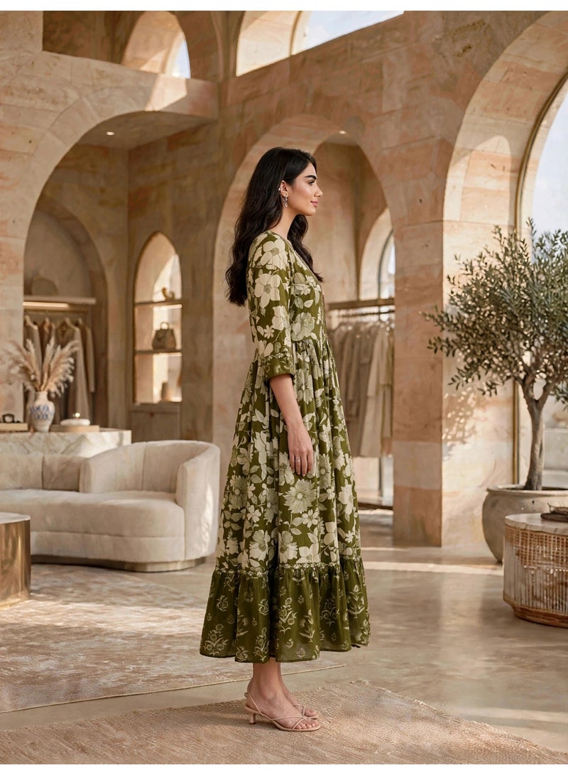 IKKXA Vintage Floral Flared Midi Jalabiya IK34Green - Image 3