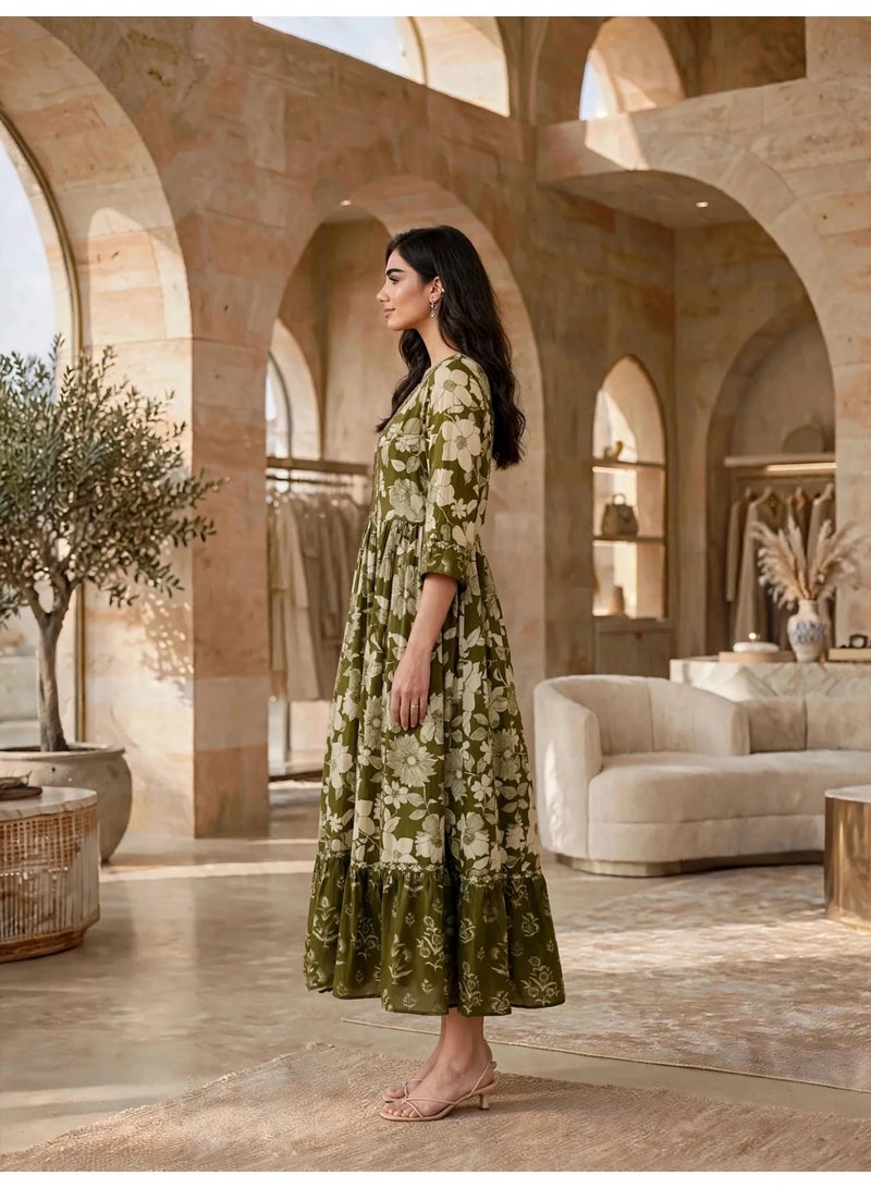 IKKXA Vintage Floral Flared Midi Jalabiya IK34Green - Image 4